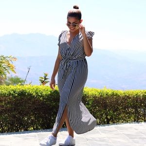 Stripe Satin Frill Shoulder Split Midi Dress